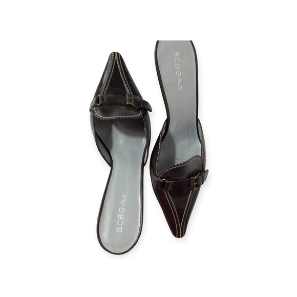 BCBGirls Brown Pointed Toe Kitten Heel Loafer Mules With Buckle Detail SZ 7.5 - Picture 9 of 14
